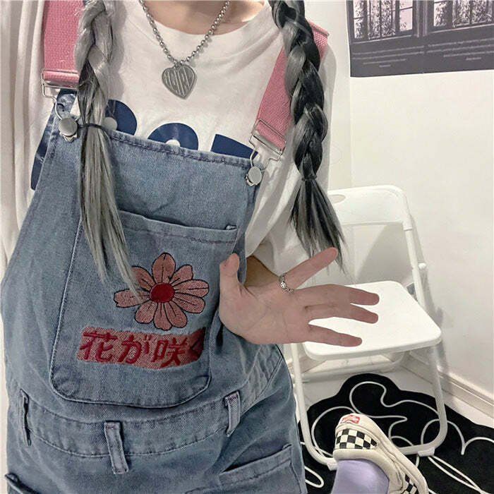 Sakura Embroidery Dungaree Shorts - Y2K Aesthetic Cute Summer Outfit