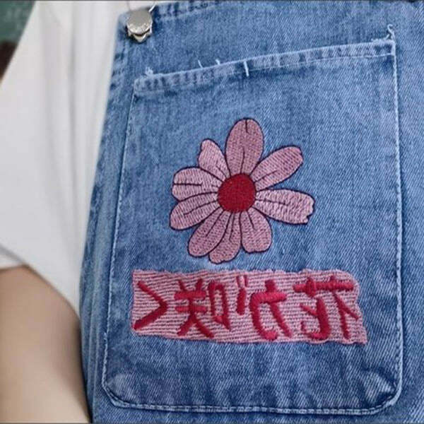 Sakura Embroidery Dungaree Shorts - Y2K Aesthetic Cute Summer Outfit