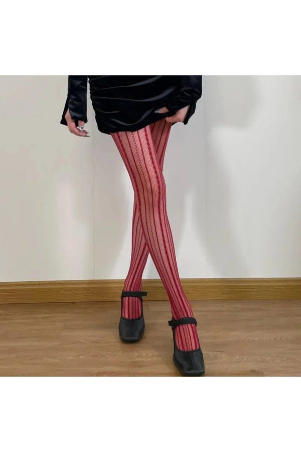 Scarlet Lace Patterned Tights for Y2K Aesthetic and Coquette Style