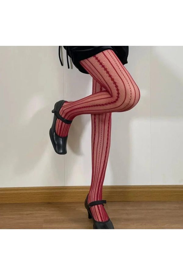 Scarlet Lace Patterned Tights for Y2K Aesthetic and Coquette Style