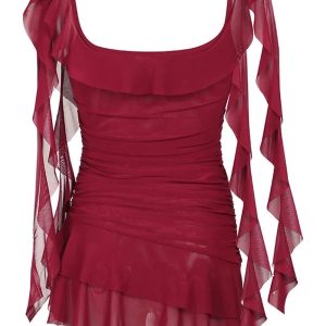 Scarlet Ruffle Gothic Dress - Y2K Aesthetic with Coquette Style Flair