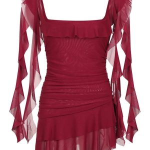 Scarlet Ruffle Gothic Dress - Y2K Aesthetic with Coquette Style Flair