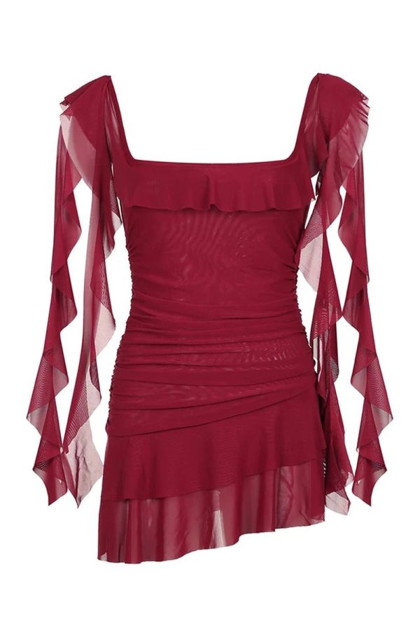 Scarlet Ruffle Gothic Dress - Y2K Aesthetic with Coquette Style Flair