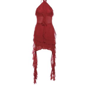 Scarlet Ruffle Halter Dress - Y2K Aesthetic Cute Dress for Stylish Outfits