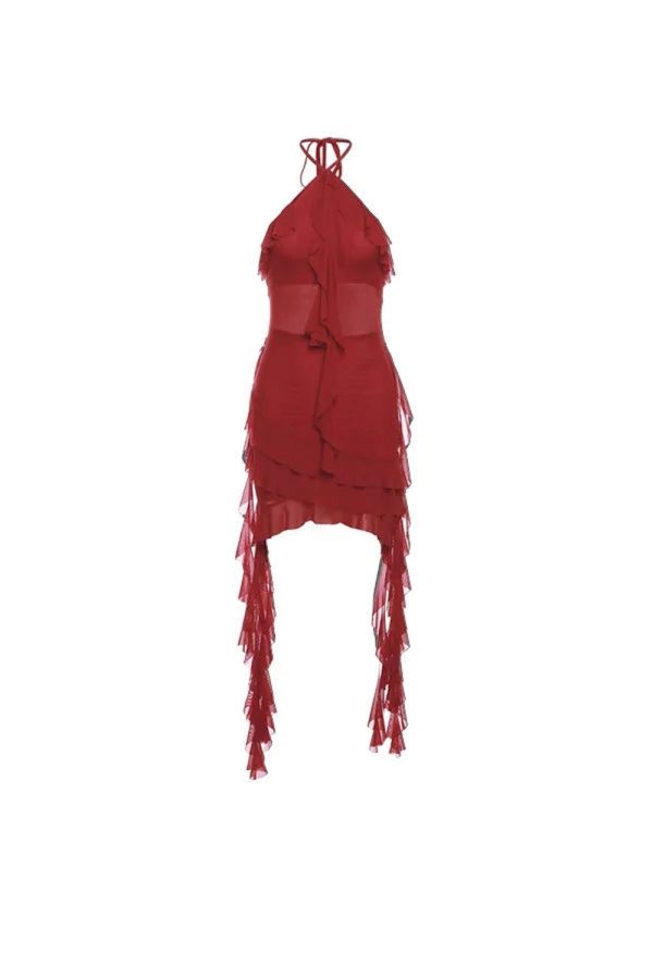 Scarlet Ruffle Halter Dress - Y2K Aesthetic Cute Dress for Stylish Outfits