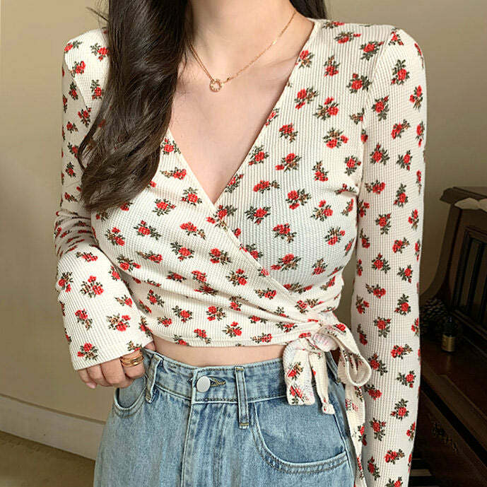 Secret Garden Wrap Top - Y2K Aesthetic Cute Top for Effortless Style