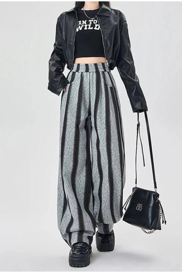 Shadow Stripe Wide-Leg Pants - Y2K Aesthetic Grunge Style Trousers