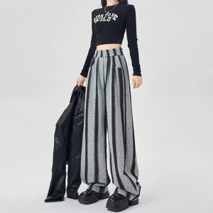 Shadow Stripe Wide-Leg Pants - Y2K Aesthetic Grunge Style Trousers