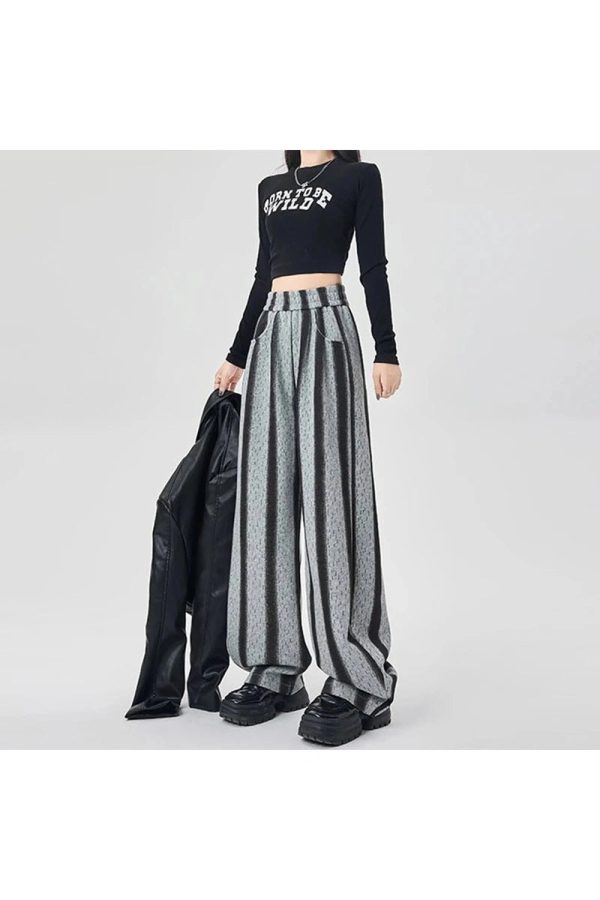 Shadow Stripe Wide-Leg Pants - Y2K Aesthetic Grunge Style Trousers