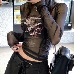 Sheer Black Graphic Mesh Top for Y2K Aesthetic & Grunge Style Outfits