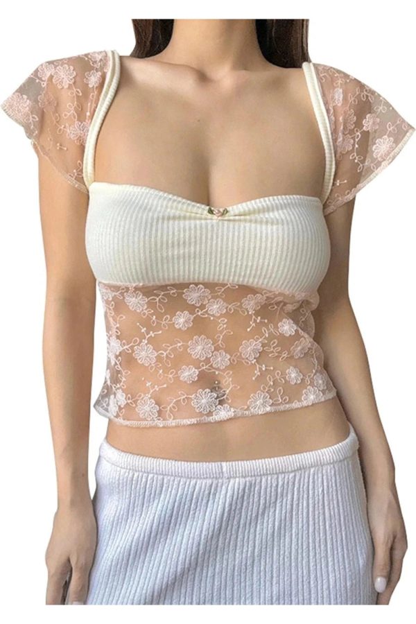 Sheer Blossom Lace Crop Top - Y2K Aesthetic Cute Top for Stylish Outfits