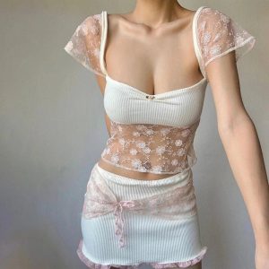 Sheer Blossom Lace Crop Top - Y2K Aesthetic Cute Top for Stylish Outfits