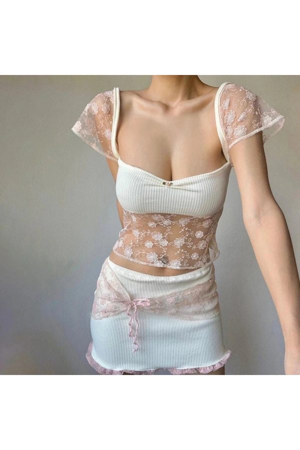 Sheer Blossom Lace Crop Top - Y2K Aesthetic Cute Top for Stylish Outfits