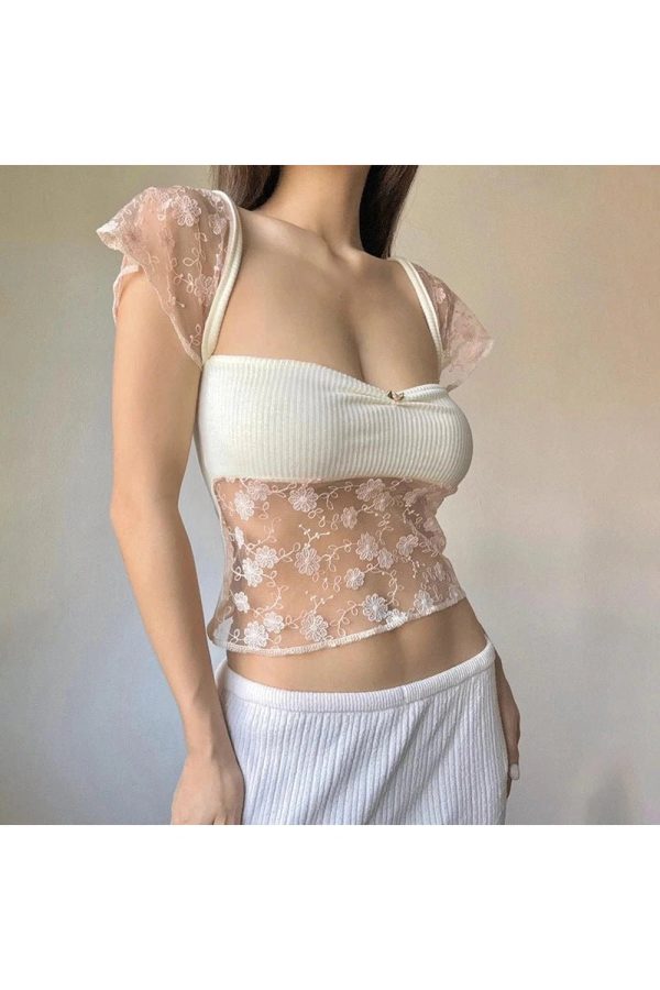 Sheer Blossom Lace Crop Top - Y2K Aesthetic Cute Top for Stylish Outfits