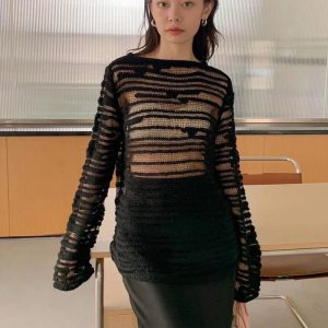 Sheer Shadow Striped Knit Top - Y2K Aesthetic Cute Top for Stylish Outfits