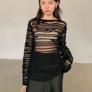 Sheer Shadow Striped Knit Top - Y2K Aesthetic Cute Top for Stylish Outfits