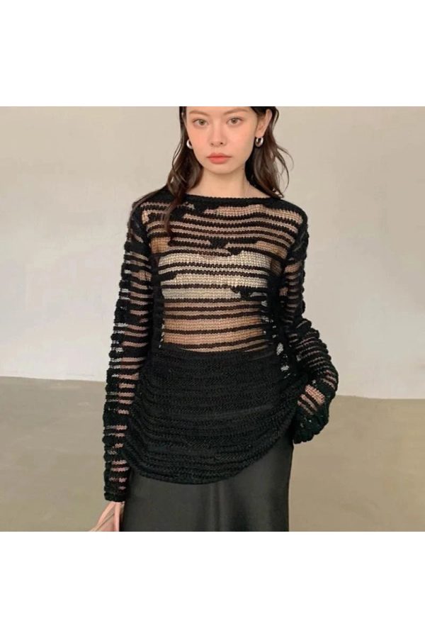 Sheer Shadow Striped Knit Top - Y2K Aesthetic Cute Top for Stylish Outfits