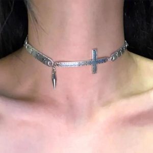 Silver Cross Spike Choker - Y2K Aesthetic Jewelry for Grunge Style