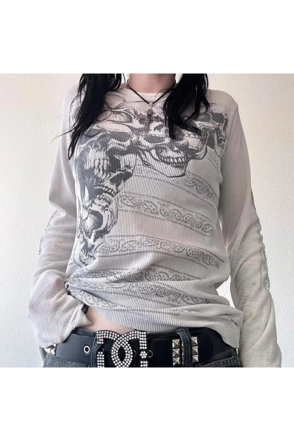 Skeleton Print Long Sleeve Mesh Top - Y2K Aesthetic Grunge Style Top