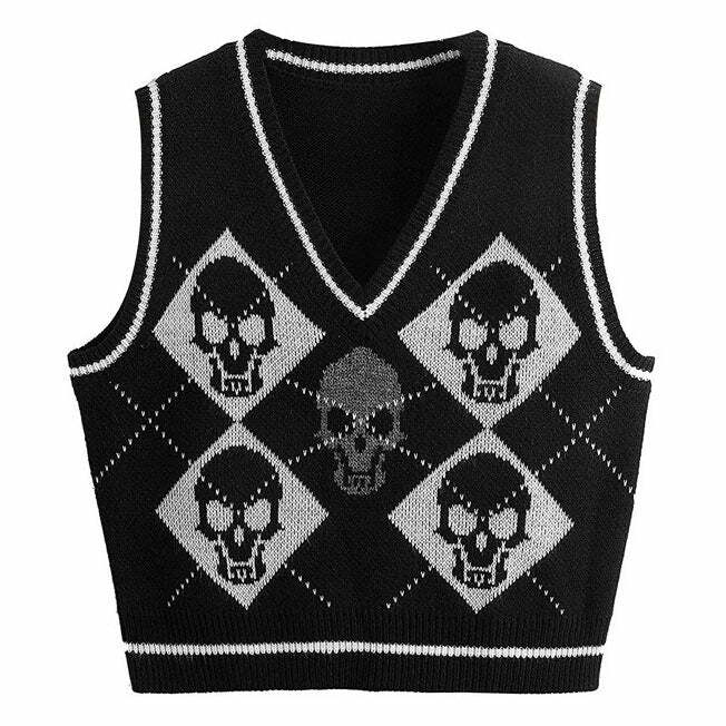 Skull Argyle Vest - Y2K Grunge Aesthetic Cute Top for Unique Style