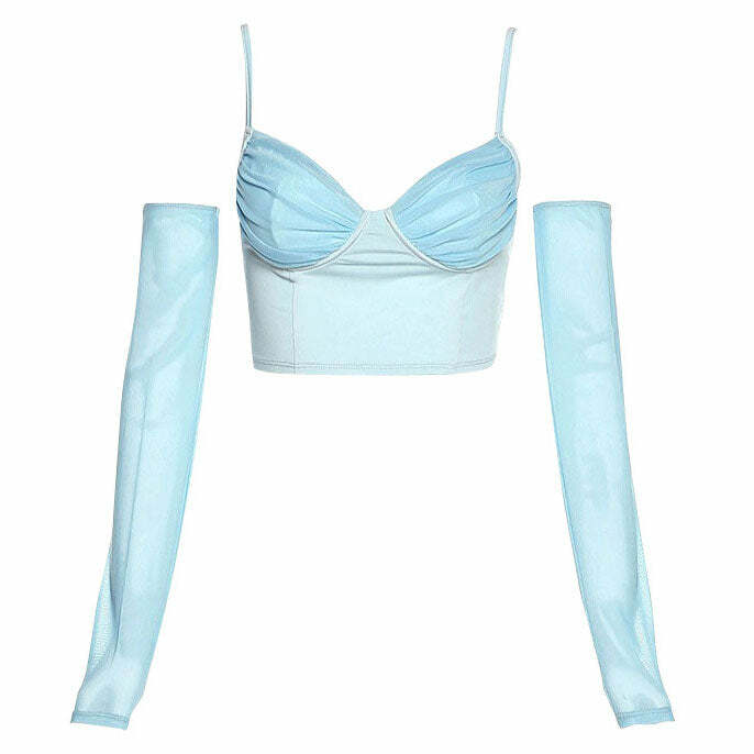 Sky Blue Y2K Aesthetic Top & Gloves Set for Cute Outfits