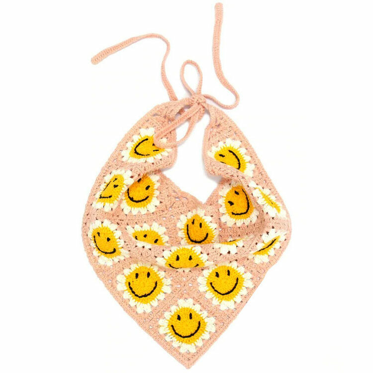 Smiley Face Crochet Bandana - Y2K Aesthetic Accessory for Cute Outfits