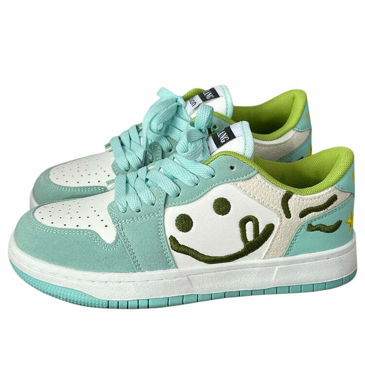 Smiling Face Embroidery Mint Green Sneakers for Y2K Aesthetic Vibes