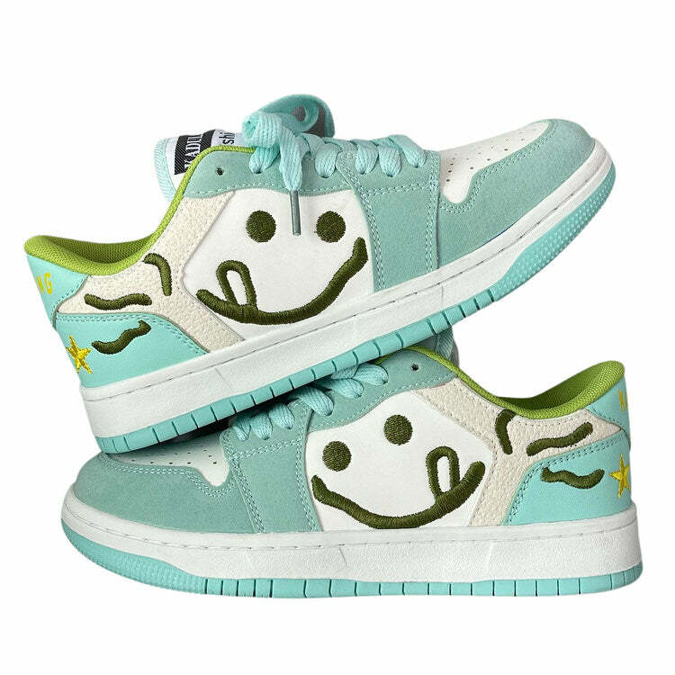 Smiling Face Embroidery Mint Green Sneakers for Y2K Aesthetic Vibes