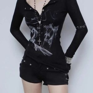 Smoke Print Goth Top - Y2K Aesthetic Grunge Style Cute Hoodie