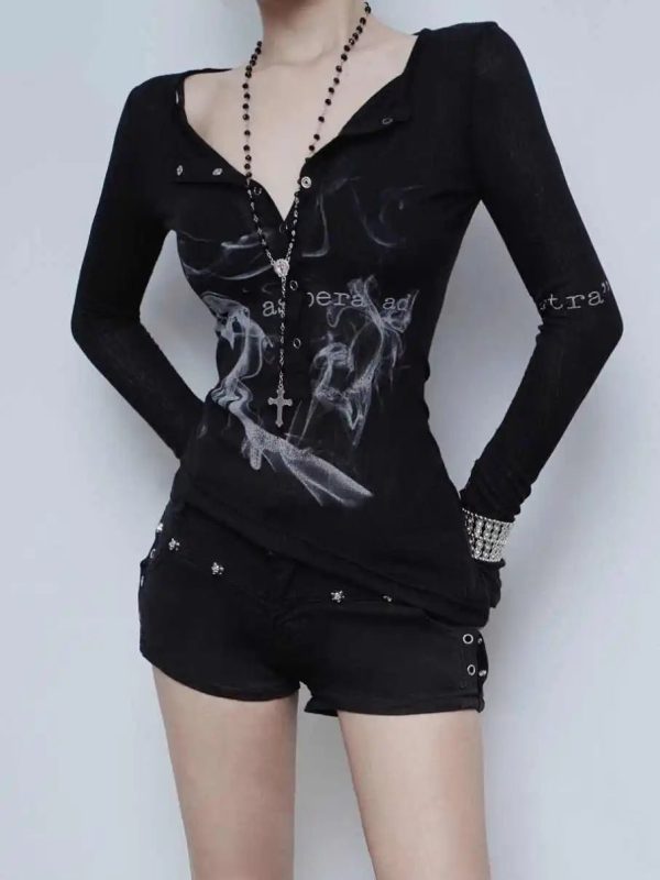 Smoke Print Goth Top - Y2K Aesthetic Grunge Style Cute Hoodie