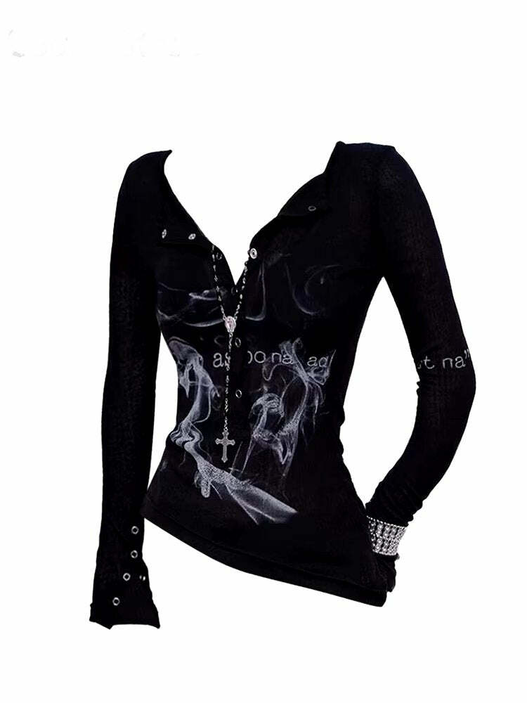 Smoke Print Goth Top - Y2K Aesthetic Grunge Style Cute Hoodie