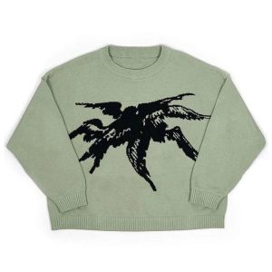 Soaring Raven Y2K Knit Sweater - Cozy Grunge Aesthetic Top