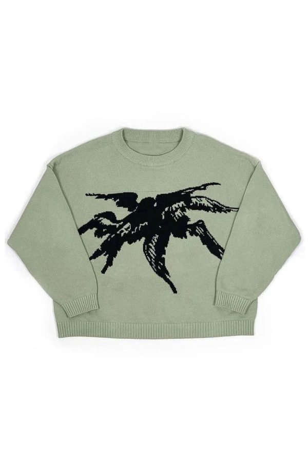 Soaring Raven Y2K Knit Sweater - Cozy Grunge Aesthetic Top