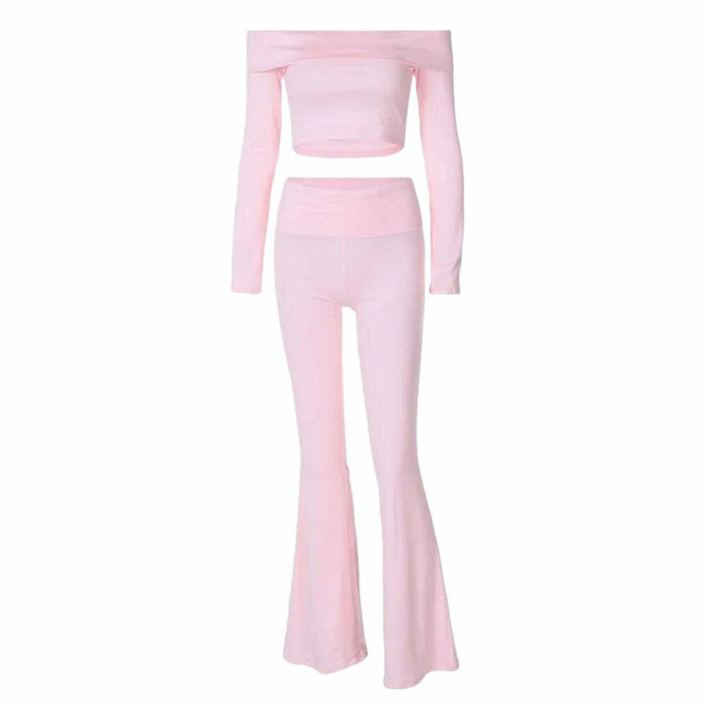 Soft Girl Bardot Top & Flare Pants Co-Ord in Y2K Aesthetic Style