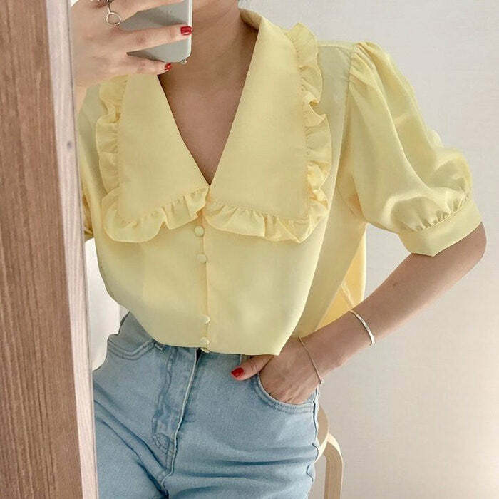 Soft Girl Frill Collar Blouse - Y2K Aesthetic Cute Top for Stylish Outfits