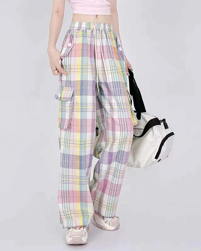 Soft Girl Plaid Cargo Pants - Y2K Aesthetic Comfy Street Style