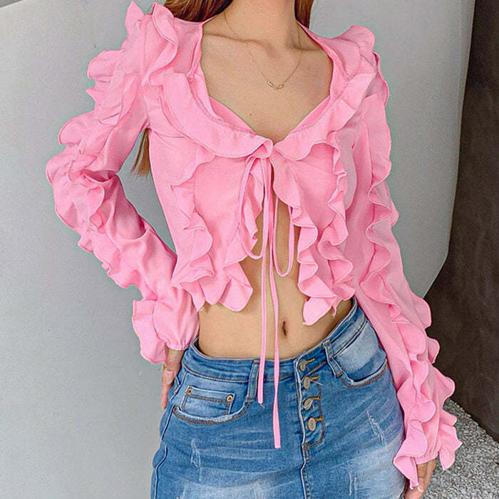 Soft Girl Ruffle Cardigan - Y2K Aesthetic Layering Essential