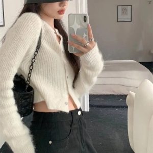 Soft Ribbed Cropped Cardigan for Y2K Aesthetic and Coquette Style