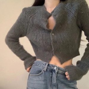 Soft Ribbed Cropped Cardigan for Y2K Aesthetic and Coquette Style