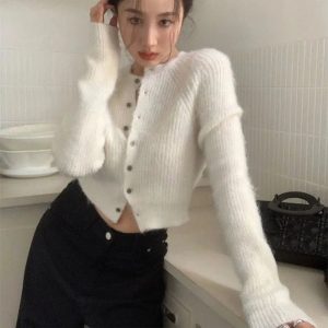 Soft Ribbed Cropped Cardigan for Y2K Aesthetic and Coquette Style