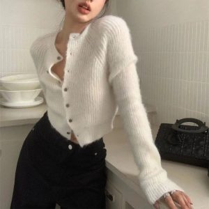 Soft Ribbed Cropped Cardigan for Y2K Aesthetic and Coquette Style