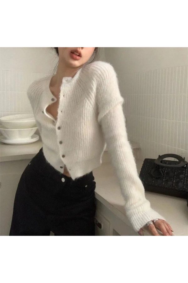 Soft Ribbed Cropped Cardigan for Y2K Aesthetic and Coquette Style