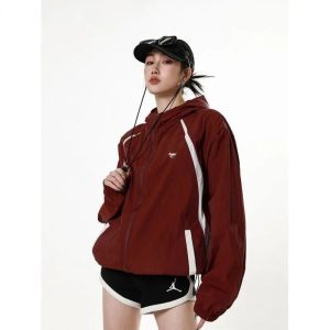 Sporty Red Zip-Up Jacket for Y2K Aesthetic and Grunge Style Outfits