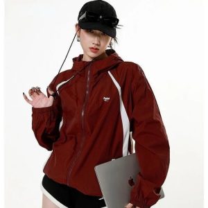 Sporty Red Zip-Up Jacket for Y2K Aesthetic and Grunge Style Outfits