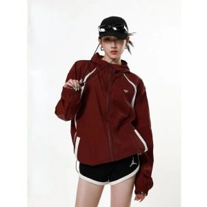 Sporty Red Zip-Up Jacket for Y2K Aesthetic and Grunge Style Outfits