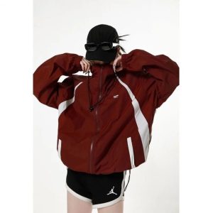 Sporty Red Zip-Up Jacket for Y2K Aesthetic and Grunge Style Outfits