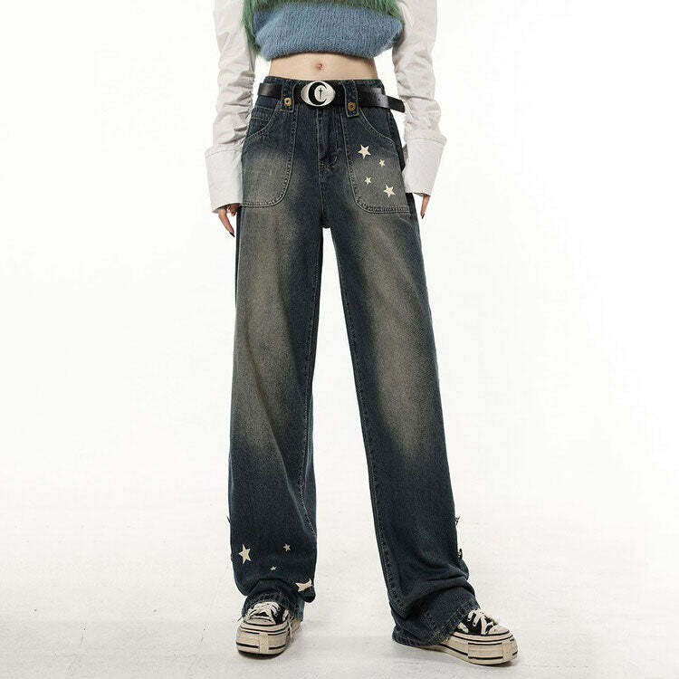 Star Child Y2K Wide Leg Jeans for Trendy Grunge and Coquette Aesthetics