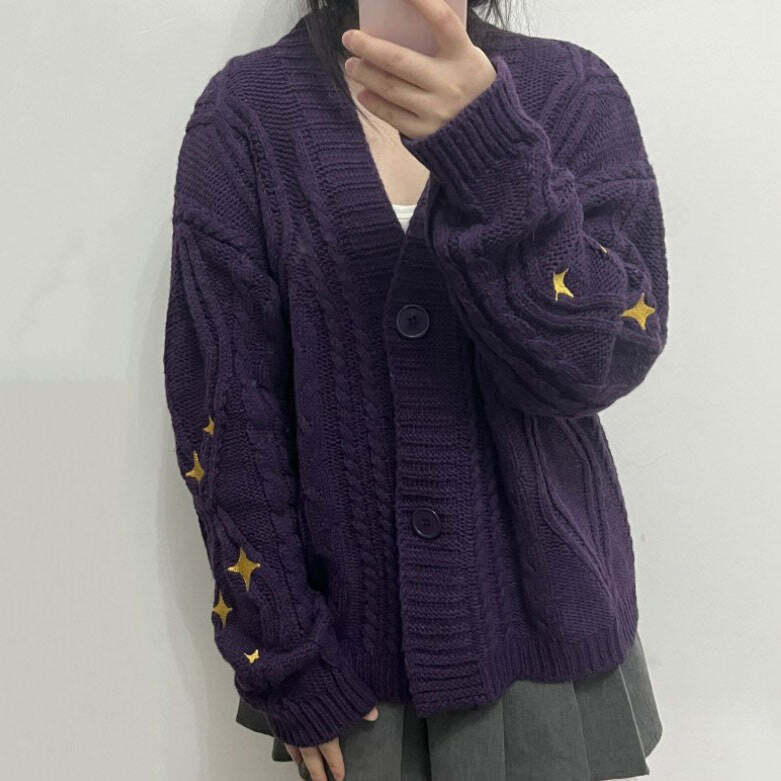 Star Embroidery Purple Cardigan - Y2K Aesthetic Cute Layering Piece