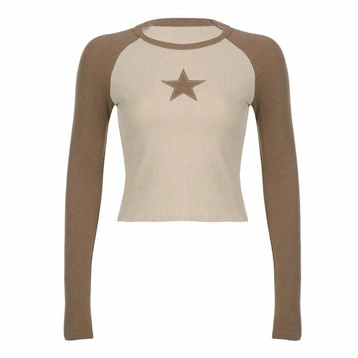 Star Girl Brown Long Sleeve Top - Y2K Aesthetic Cute Hoodie Style