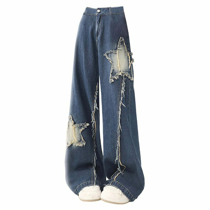 Star Patch Wide Leg Jeans - Y2K Aesthetic Grunge Style Denim Pants